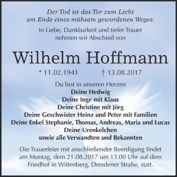 Traueranzeige von Wilhelm Hoffmann von WVG - Wochenspiegel Wittenberg