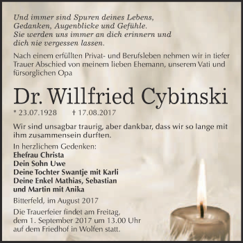 Traueranzeige von Willfried Cybinski von WVG - Wochenspiegel Bitterfeld