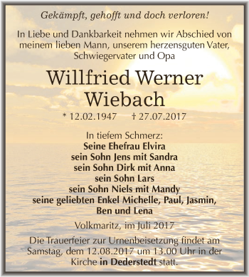 Traueranzeige von Willfried Werner Wiebach von Super Sonntag SGH Mansf. Land