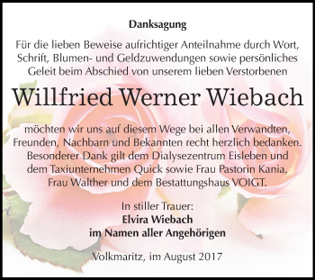 Traueranzeige von Willfried Werner Wiebach von Super Sonntag SGH Mansf. Land