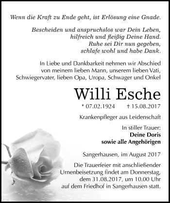 Traueranzeige von Willi Esche von Mitteldeutsche Zeitung Sangerhausen