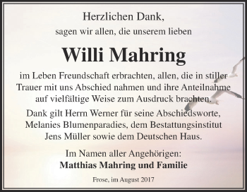 Traueranzeige von Willi Mahring von Super Sonntag Aschersleben