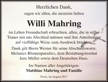 Traueranzeige von Willi Mahring von Mitteldeutsche Zeitung Aschersleben