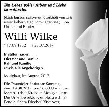 Traueranzeige von Willi Wilke von Mitteldeutsche Zeitung Dessau-Roßlau