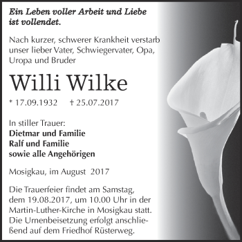 Traueranzeige von Willi Wilke von WVG - Wochenspiegel Dessau / Köthen