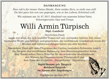 Traueranzeige von Willi Armin Türpisch von Super Sonntag Zeitz