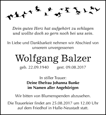 Traueranzeige von Wolfgang Balzer von Mitteldeutsche Zeitung Halle/Saalkreis