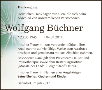 Traueranzeige von Wolfgang Büchner von Wochenspiegel Mansfelder Land
