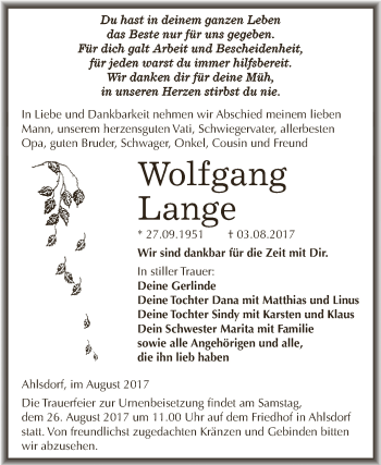 Traueranzeige von Wolfgang Lange von Wochenspiegel Mansfelder Land