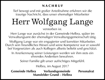 Traueranzeige von Wolfgang Lange von Mitteldeutsche Zeitung Mansfelder Land