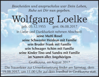 Traueranzeige von Wolfgang Loelke von WVG - Wochenspiegel Merseburg