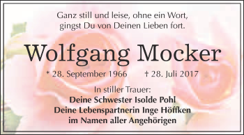 Traueranzeige von Wolfgang Mocker von WVG - Wochenspiegel Bitterfeld