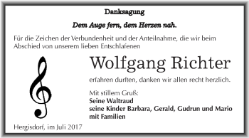 Traueranzeige von Wolfgang Richter von Wochenspiegel Mansfelder Land