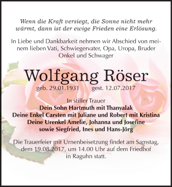 Traueranzeige von Wolfgang Röser von Mitteldeutsche Zeitung Bitterfeld