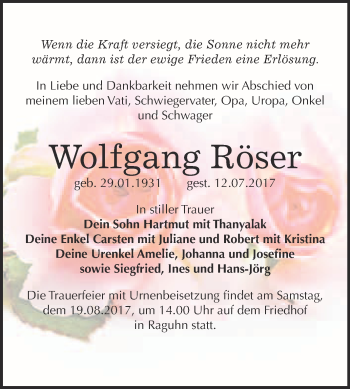 Traueranzeige von Wolfgang Röser von WVG - Wochenspiegel Bitterfeld