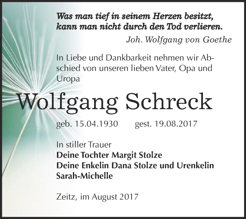 Traueranzeigen von Wolfgang Schreck www.abschiednehmen.de
