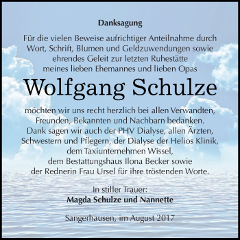 Traueranzeige von Wolfgang Schulze von Super Sonntag SGH Mansf. Land