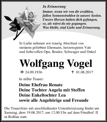 Traueranzeige von Wolfgang Vogel von Mitteldeutsche Zeitung Dessau-Roßlau