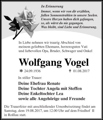 Traueranzeige von Wolfgang Vogel von WVG - Wochenspiegel Dessau / Köthen