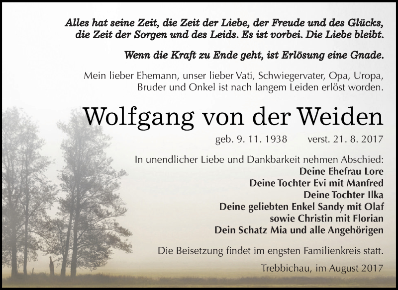  Traueranzeige für Wolfgang von der Weiden vom 26.08.2017 aus WVG - Wochenspiegel Dessau / Köthen