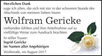 Traueranzeige von Wolfram Gericke von Wochenspiegel Mansfelder Land