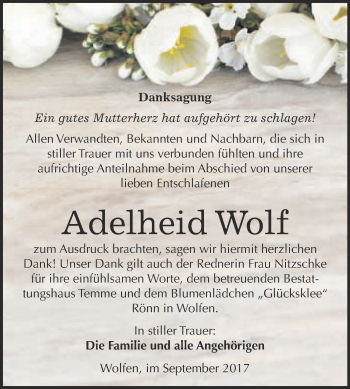 Traueranzeige von Adelheid Wolf von WVG - Wochenspiegel Bitterfeld