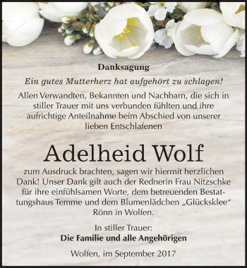 Traueranzeige von Adelheid Wolf von Mitteldeutsche Zeitung Bitterfeld
