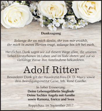 Traueranzeige von Adolf Ritter von Mitteldeutsche Zeitung Köthen