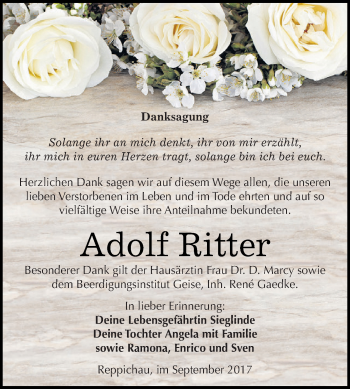 Traueranzeige von Adolf Ritter von WVG - Wochenspiegel Dessau / Köthen