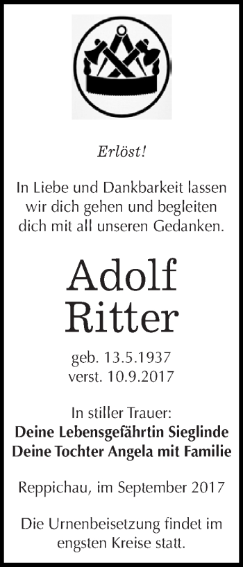 Traueranzeige von Adolf Ritter von WVG - Wochenspiegel Dessau / Köthen