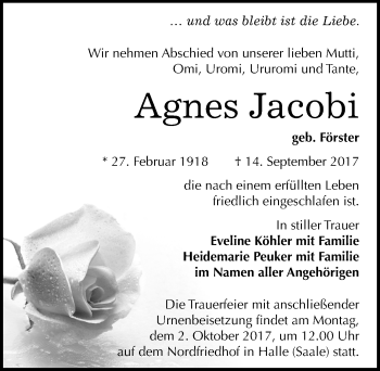 Traueranzeige von Agnes Jacobi von Mitteldeutsche Zeitung Halle/Saalkreis