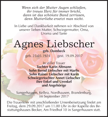 Traueranzeige von Agnes Liebscher von Mitteldeutsche Zeitung Sangerhausen
