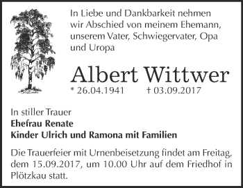 Traueranzeige von Albert Wittwer von Super Sonntag Bernburg