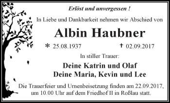Traueranzeige von Albin Haubner von WVG - Wochenspiegel Dessau / Köthen