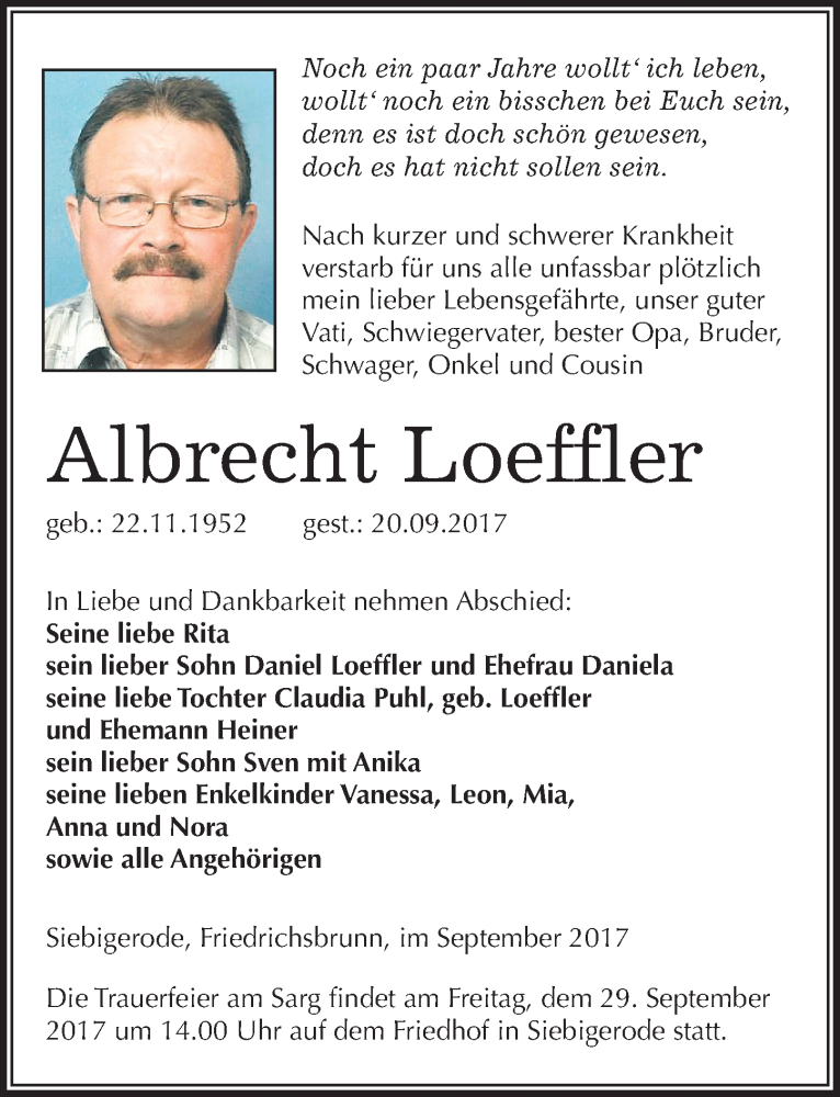  Traueranzeige für Albrecht Loeffler vom 23.09.2017 aus Mitteldeutsche Zeitung Mansfelder Land