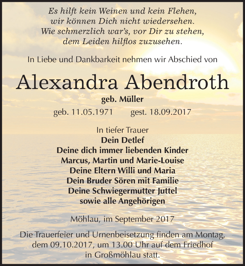  Traueranzeige für Alexandra Abendroth vom 23.09.2017 aus Mitteldeutsche Zeitung Wittenberg