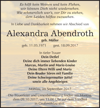 Traueranzeige von Alexandra Abendroth von Mitteldeutsche Zeitung Wittenberg