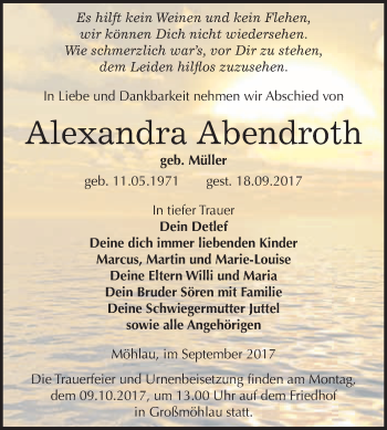 Traueranzeige von Alexandra Abendroth von WVG - Wochenspiegel Wittenberg