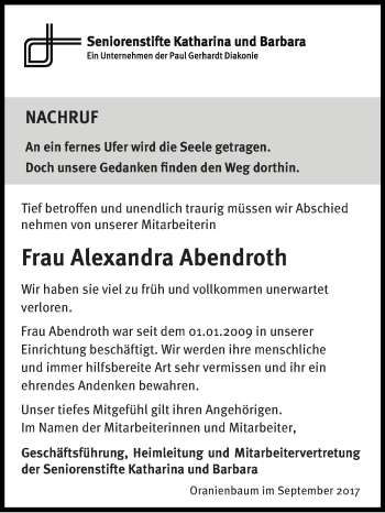 Traueranzeige von Alexandra Abendroth von Super Sonntag Wittenberg