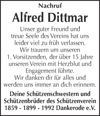 Traueranzeige von Alfred Dittmar von Super Sonntag Quedlinburg