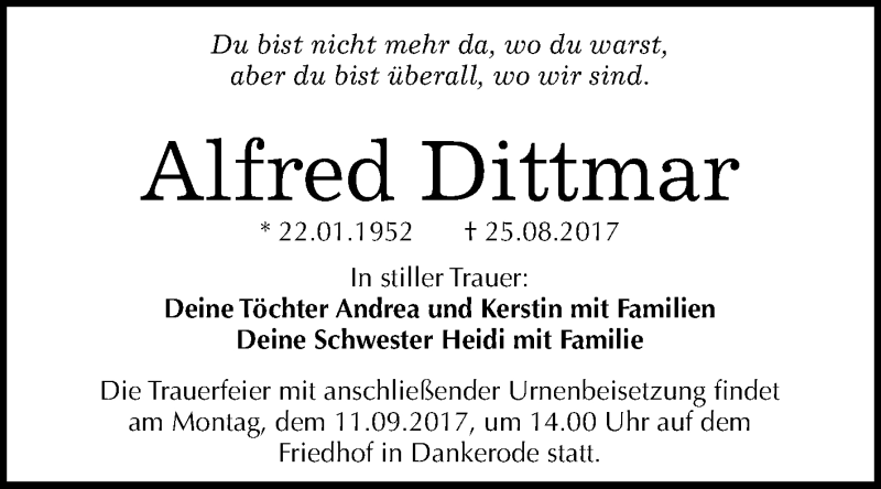  Traueranzeige für Alfred Dittmar vom 02.09.2017 aus WVG - Wochenspiegel Quedlinburg
