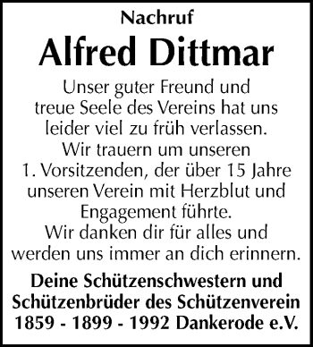 Traueranzeige von Alfred Dittmar von Mitteldeutsche Zeitung Quedlinburg