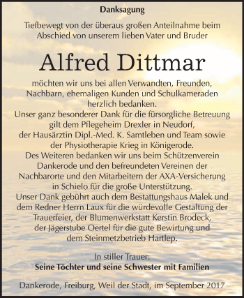 Traueranzeige von Alfred Dittmar von WVG - Wochenspiegel Quedlinburg