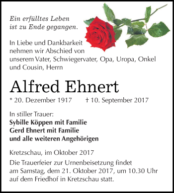 Traueranzeige von Alfred Ehnert von Super Sonntag Zeitz