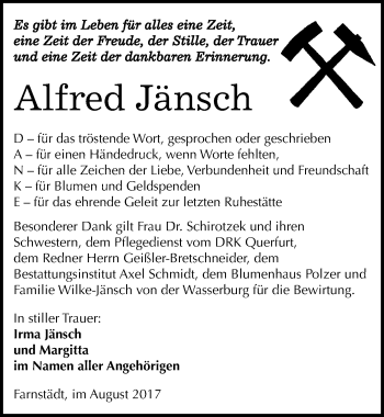 Traueranzeige von Alfred Jänsch von Mitteldeutsche Zeitung Merseburg/Querfurt