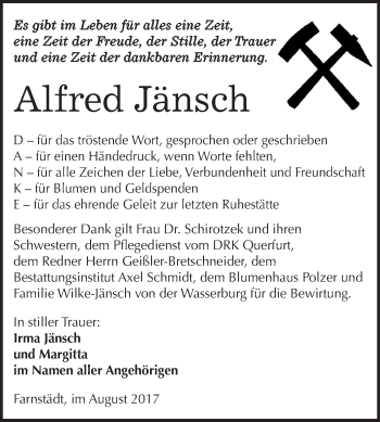 Traueranzeige von Alfred Jänsch von WVG - Wochenspiegel Merseburg
