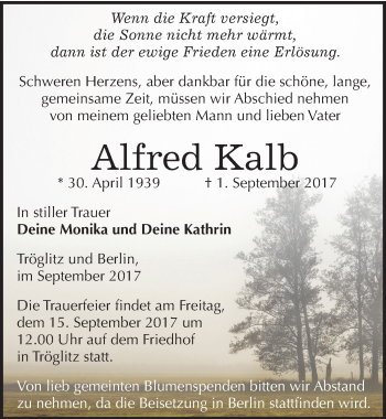 Traueranzeige von Alfred Kalb von Mitteldeutsche Zeitung Zeitz