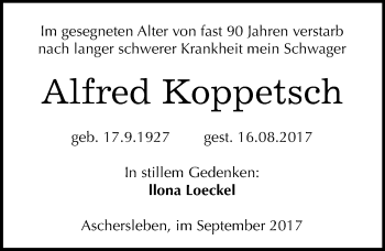 Traueranzeige von Alfred Koppetsch von Mitteldeutsche Zeitung Aschersleben
