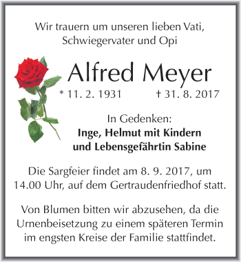 Traueranzeige von Alfred Meyer von Mitteldeutsche Zeitung Halle/Saalkreis