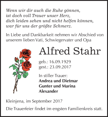 Traueranzeige von Alfred Stahr von Mitteldeutsche Zeitung Naumburg/Nebra